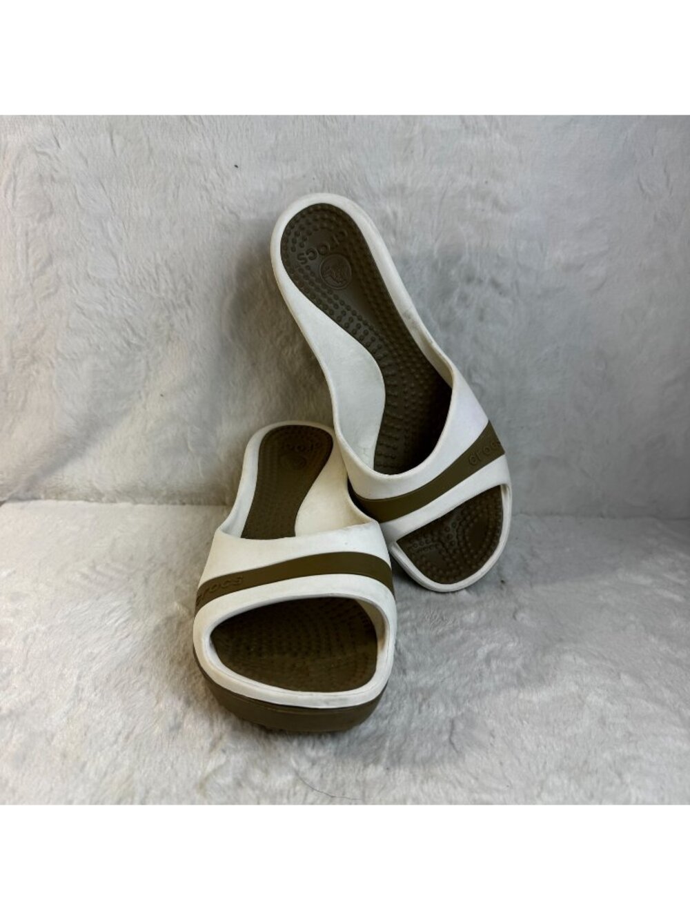 Crocs Platform Heel Wedge Shoes Sassari Womens Size 9 Open Toe Slide White Tan - Picture 1 of 7